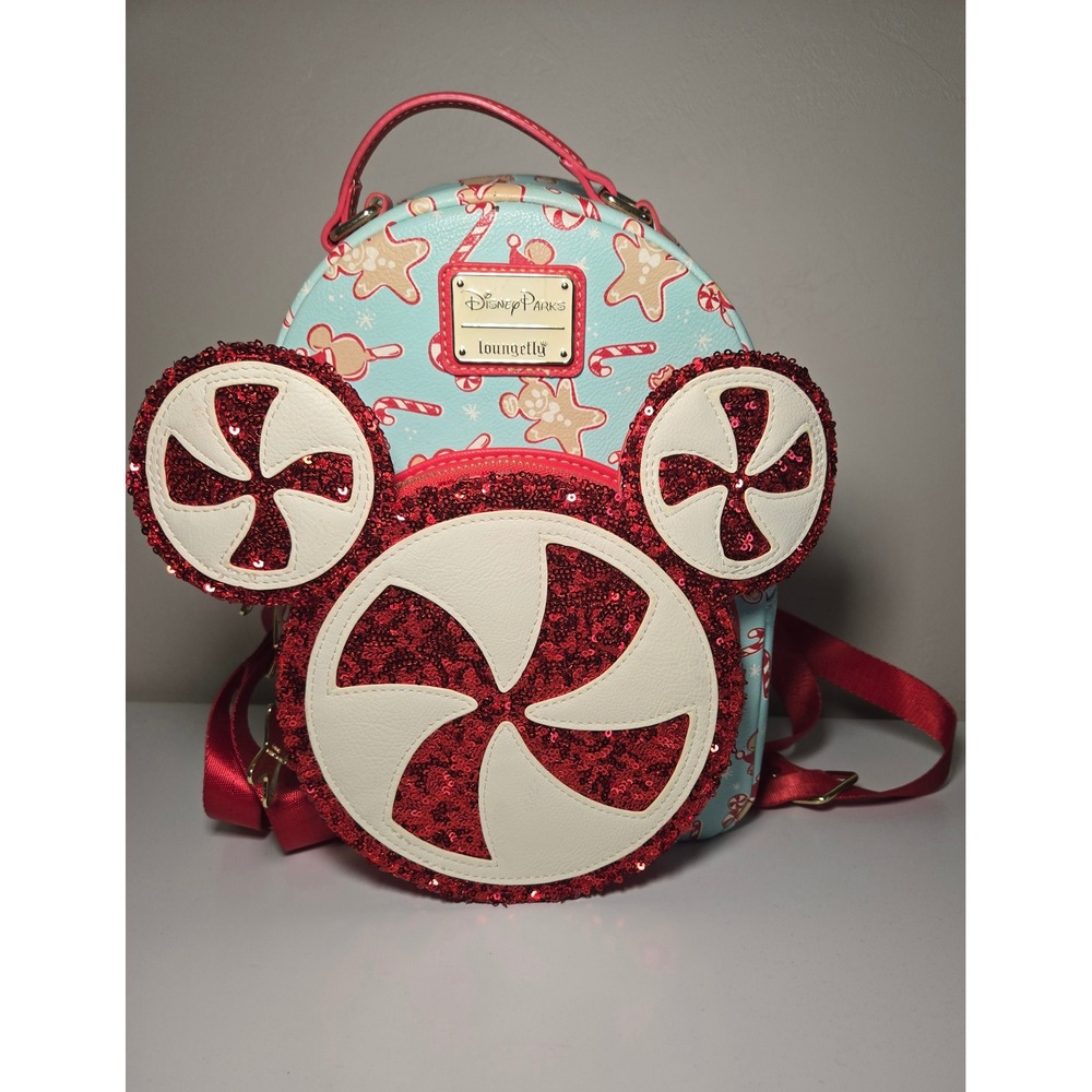 Disney Parks Loungefly Mickey Gingerbread Peppermint Sequin Mini Backpack